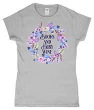 Load image into Gallery viewer, Books And Fairy Wine Ladies Fitted T-Shirt
